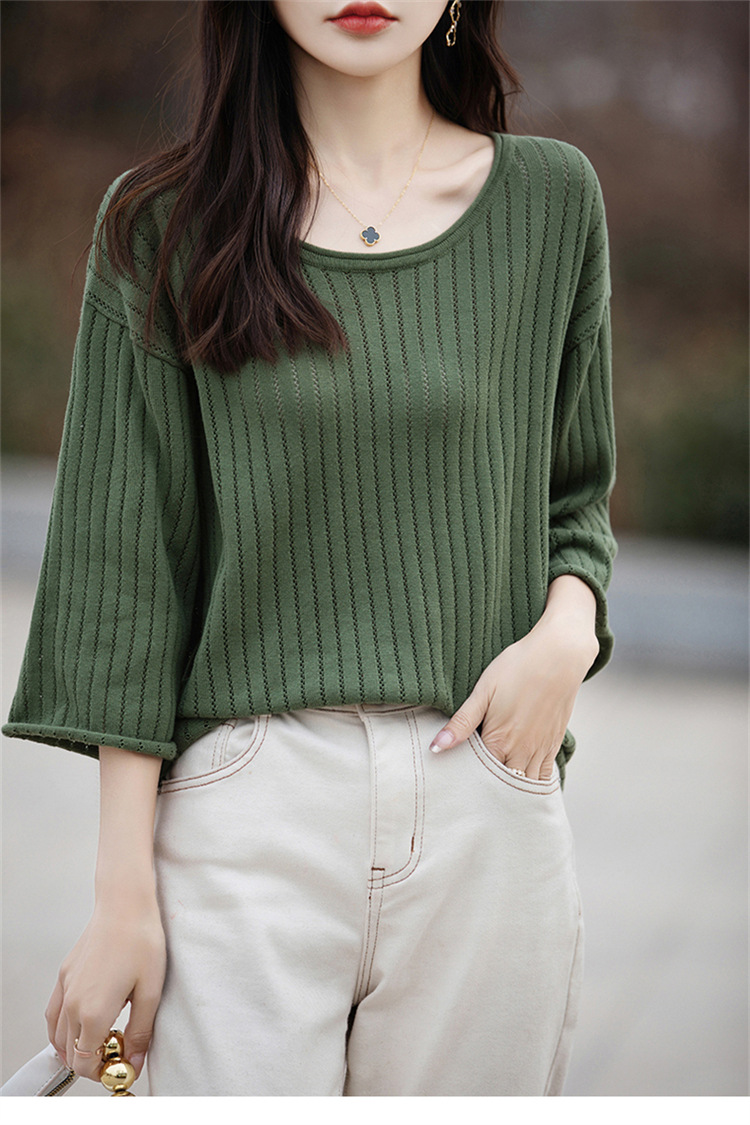 七分袖中袖夏女装纯棉镂空针织套头T恤清凉针织衫宽松版套头大码详情14