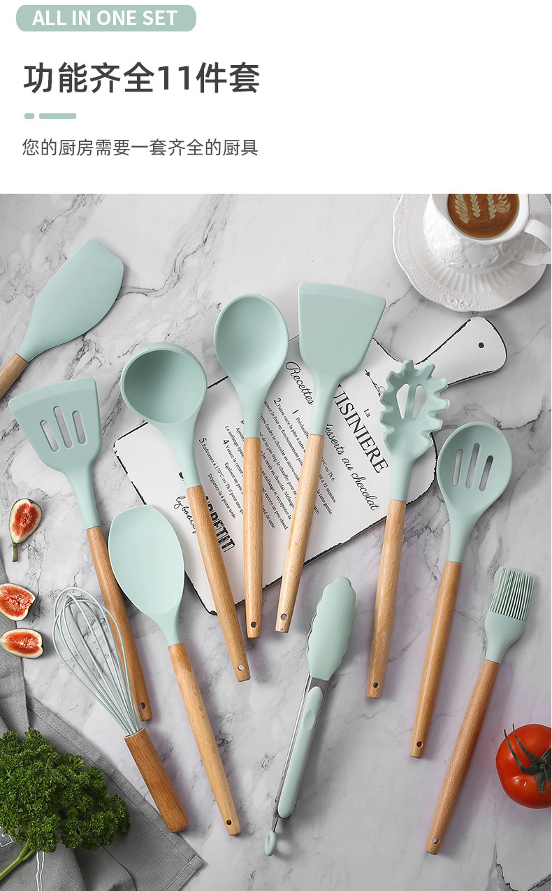 【 Cross-border 】 12-piece silicone kitchen cooking set, non-stick pan spatula and spoon storage, 11-piece silicone large bucket pic 11