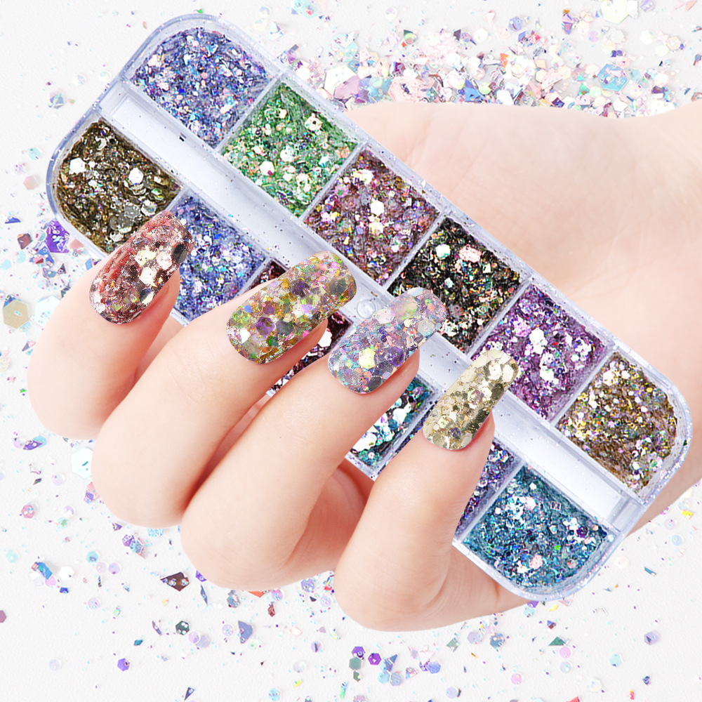 Nail polish glitter with 12 grids, iridescent glitter sheets, mermaid mixed pieces, and nail sequin decoration pic 2