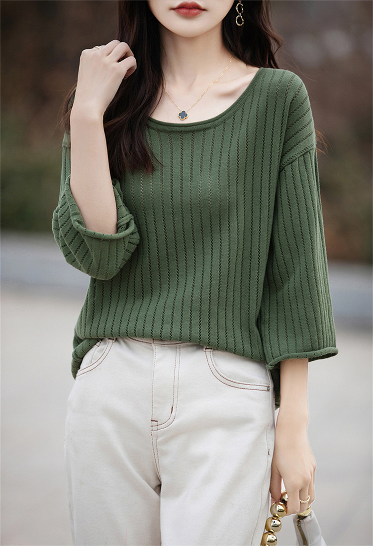 七分袖中袖夏女装纯棉镂空针织套头T恤清凉针织衫宽松版套头大码详情17