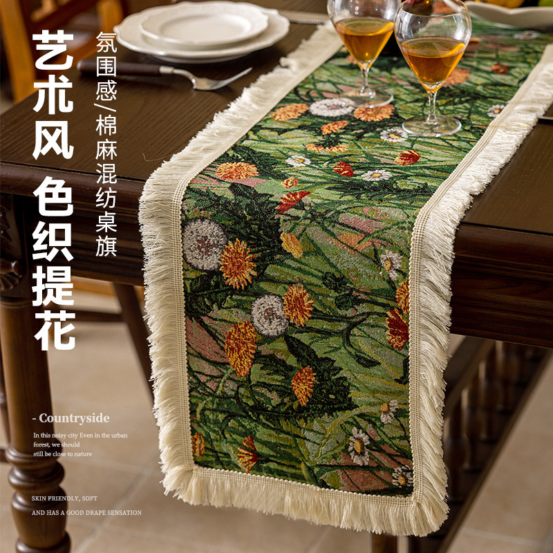 Cool Happiness American retro style, fashionable, simple, elegant and high-end, long tablecloth, colored jacquard, high-end, tassel, home coffee table, tea flag, high-end chest of drawers, table flag pic 6