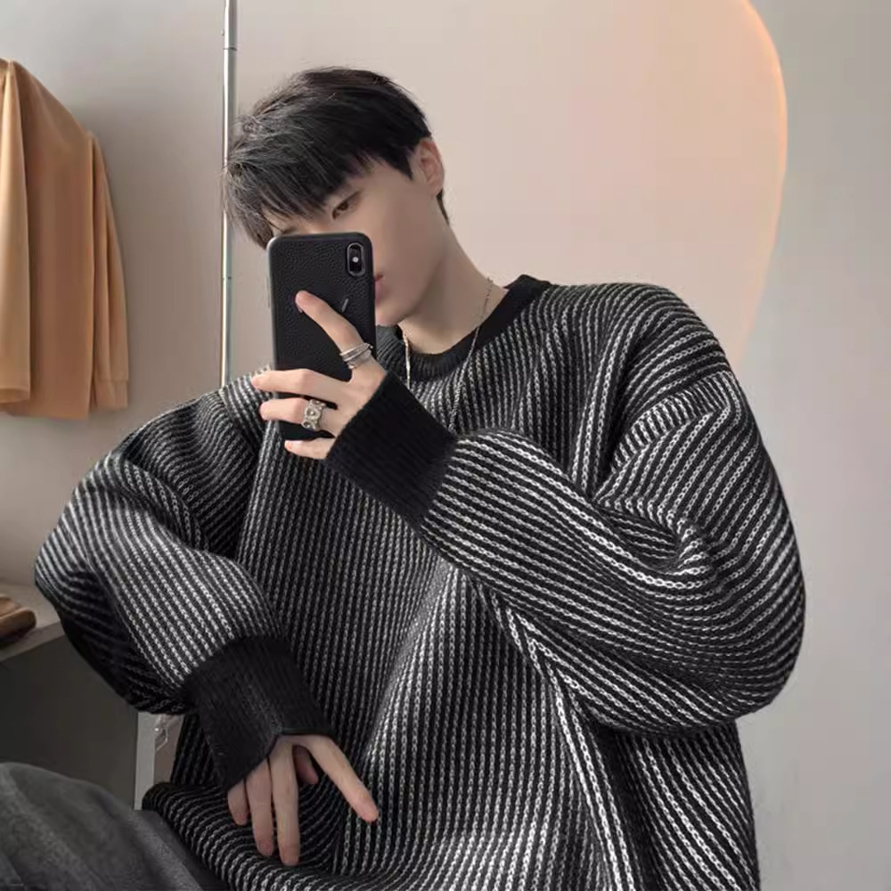 圆领条纹毛衣男款秋冬新款时尚套头针织衫日系复古宽松百搭上衣服详情2