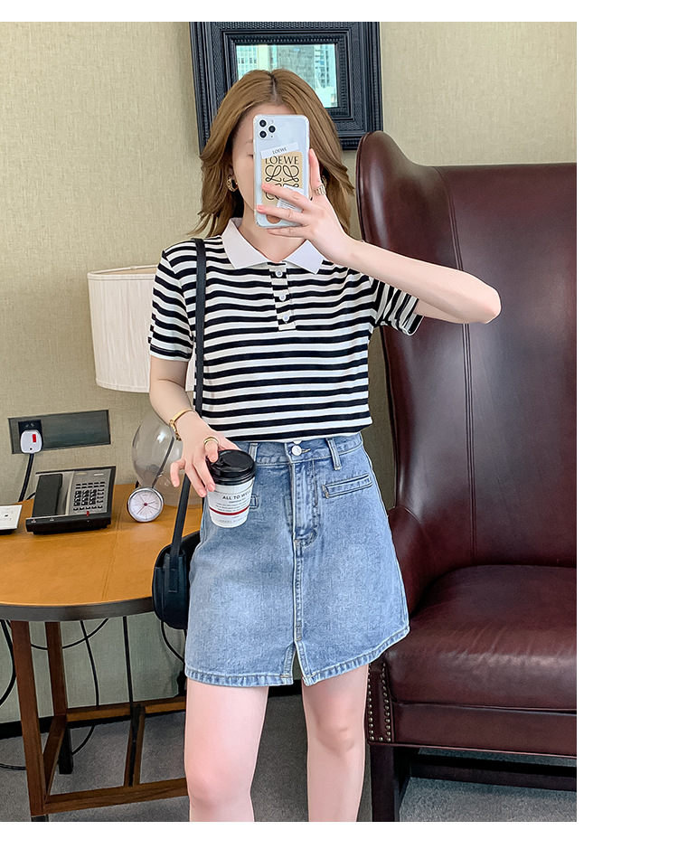 Verano coreano versión rayas mujer commuter patchwork color polo cuello manga corta camiseta mujer diseño sentido moda legging pic 31