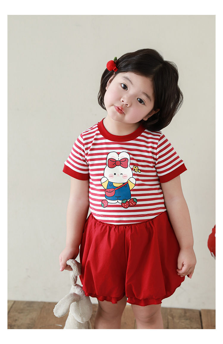 吾里卜一 女童小兔印花半袖T恤2024夏季儿童甜美可爱撞色短袖体恤详情34