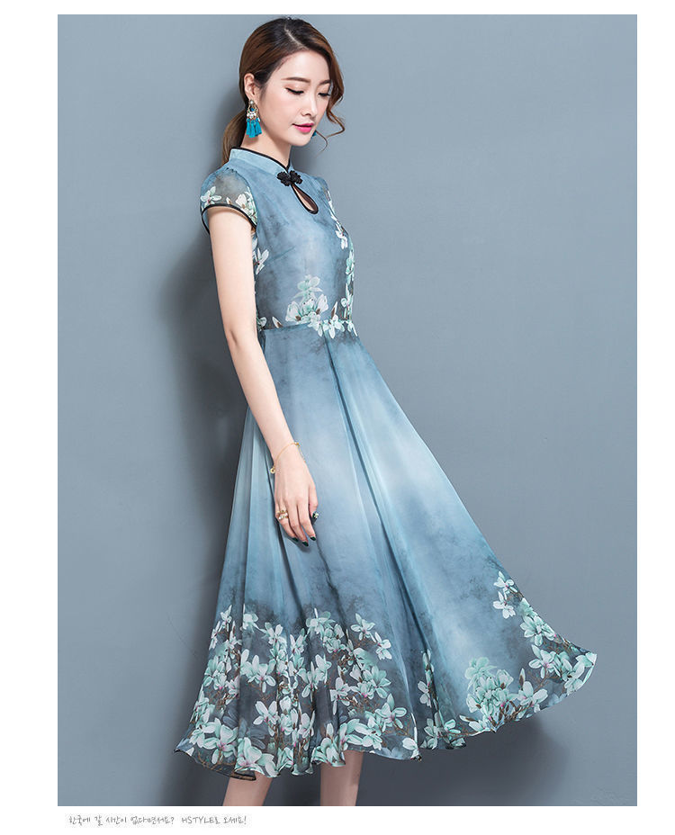 定制批发新款2021夏修身印花复古连衣裙立领显瘦仿冰丝长裙大摆裙详情7