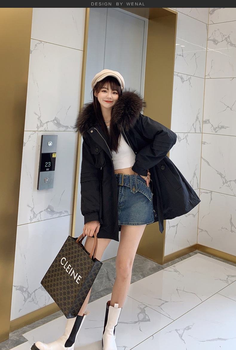 This is a mid-length winter Korean-style fashionable lace-up jacket with a cinched waist and a stylish large fur collar, designed with a rabbit fur inner liner pic 7