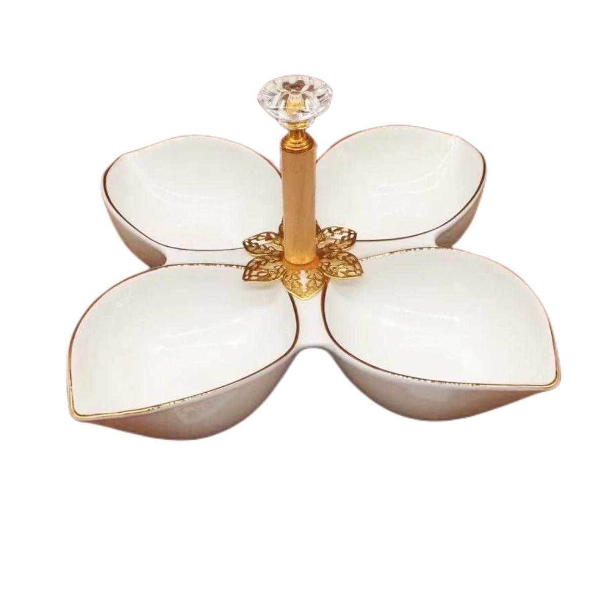A pure white petal-shaped fruit platter with electroplated gold and multiple compartments, a hand-held restaurant banquet food platter pic 6