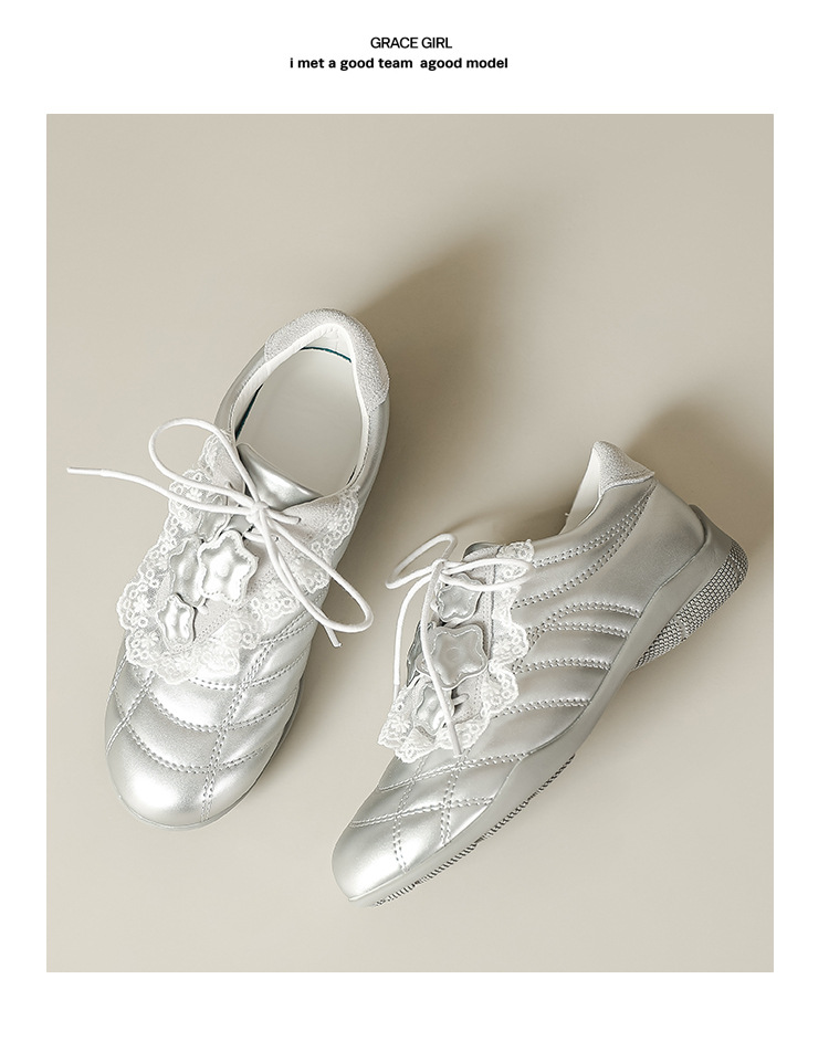 牛皮版2025春季新款银色斜带蕾丝边设计德训鞋舒适运动芭蕾舞女鞋详情21