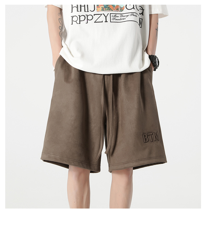 休闲短裤男生夏季新款麂皮绒宽松弹力五分裤美式钢印直筒运动裤子 pic 1