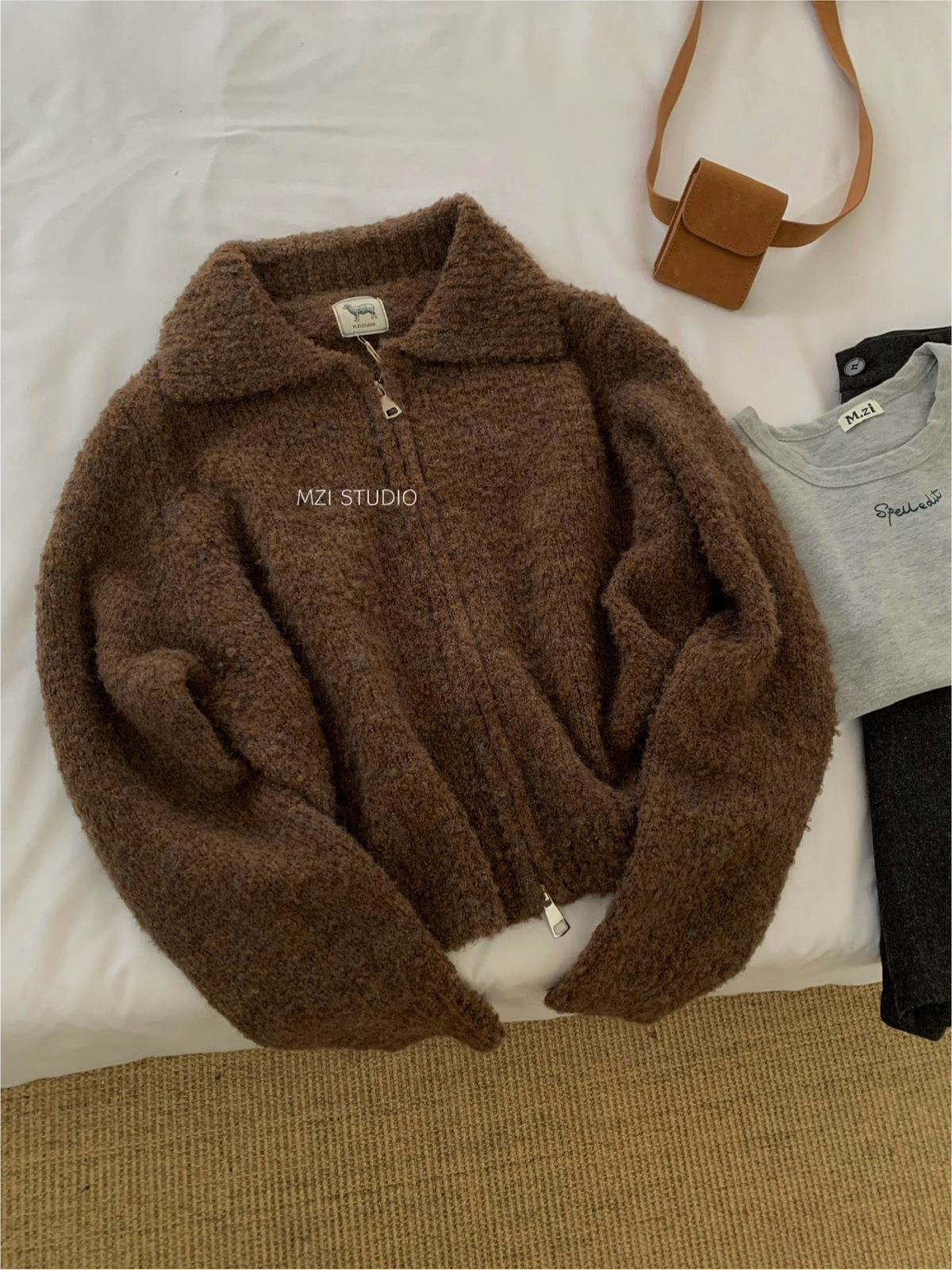 M.ZI秋冬韩系减龄羊毛混纺针织开衫慵懒风休闲宽松拉链毛衣外套女详情21