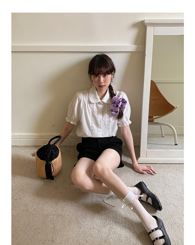 【歌铭】法式复古蕾丝娃娃领减龄衬衫女装夏季新款短袖开衫Y1417F详情21