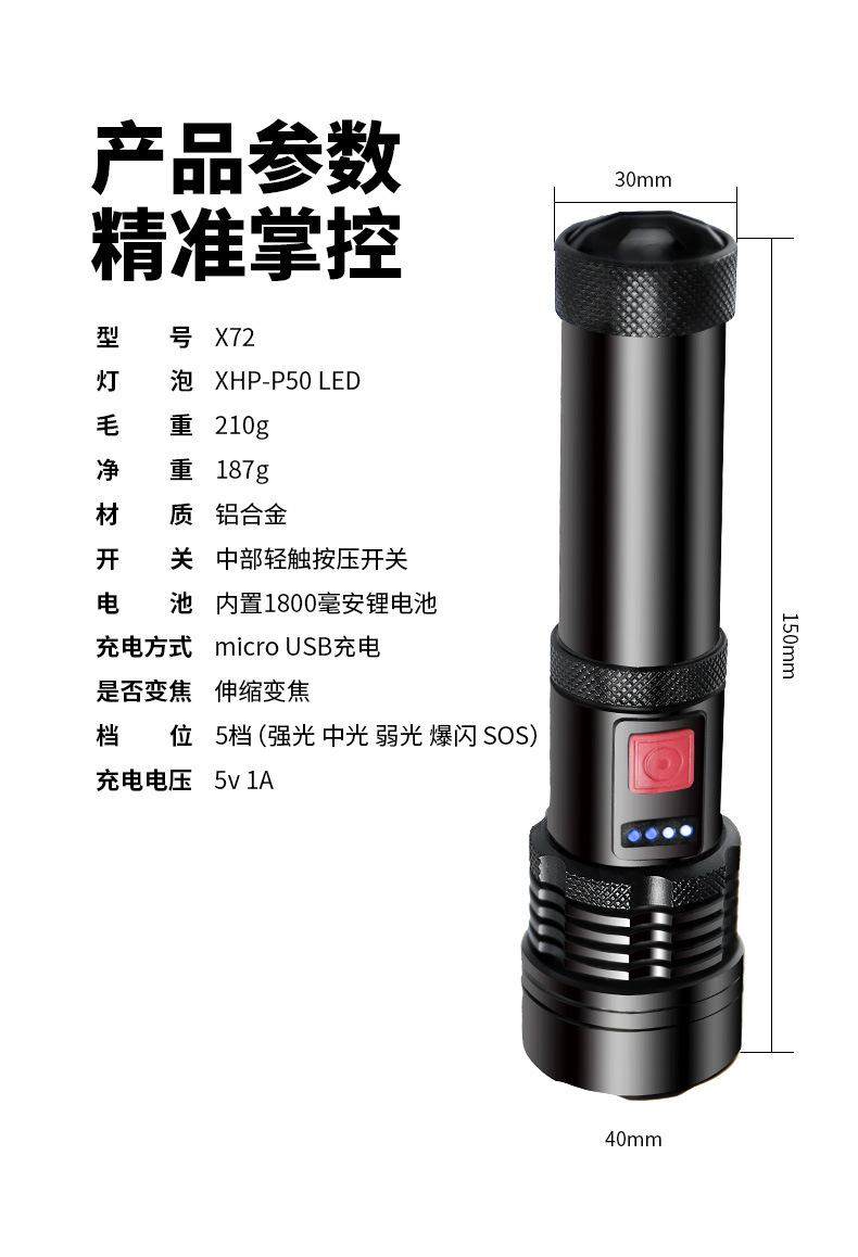 新款跨境P50LED手电筒电量显示多功能调焦可充电远射户外手电批发 pic 10