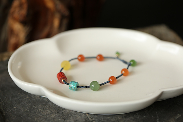 Natural multi-treasure hand-woven bracelet, amber, turquoise, south red agate, jasper and cinnabar, handcrafted style pic 5