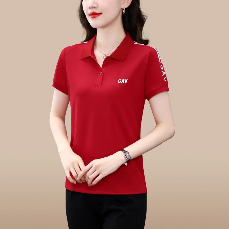 夏季新款短袖t恤女翻领大码宽松休闲中年妈妈POLO衫纯色运动上衣详情9