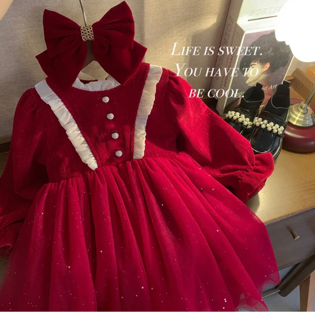 柠里女童冬装加绒连衣裙子洋气女童新年装红色年服丝绒中童连衣裙详情5