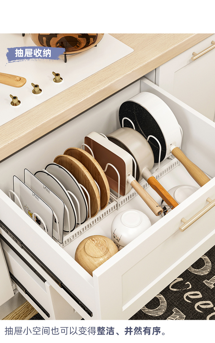 The adjustable kitchen storage rack can store multiple layers of kitchenware, cutting boards, cutting boards, pot LIDS, pot racks and other items. It is a telescopic storage rack pic 29