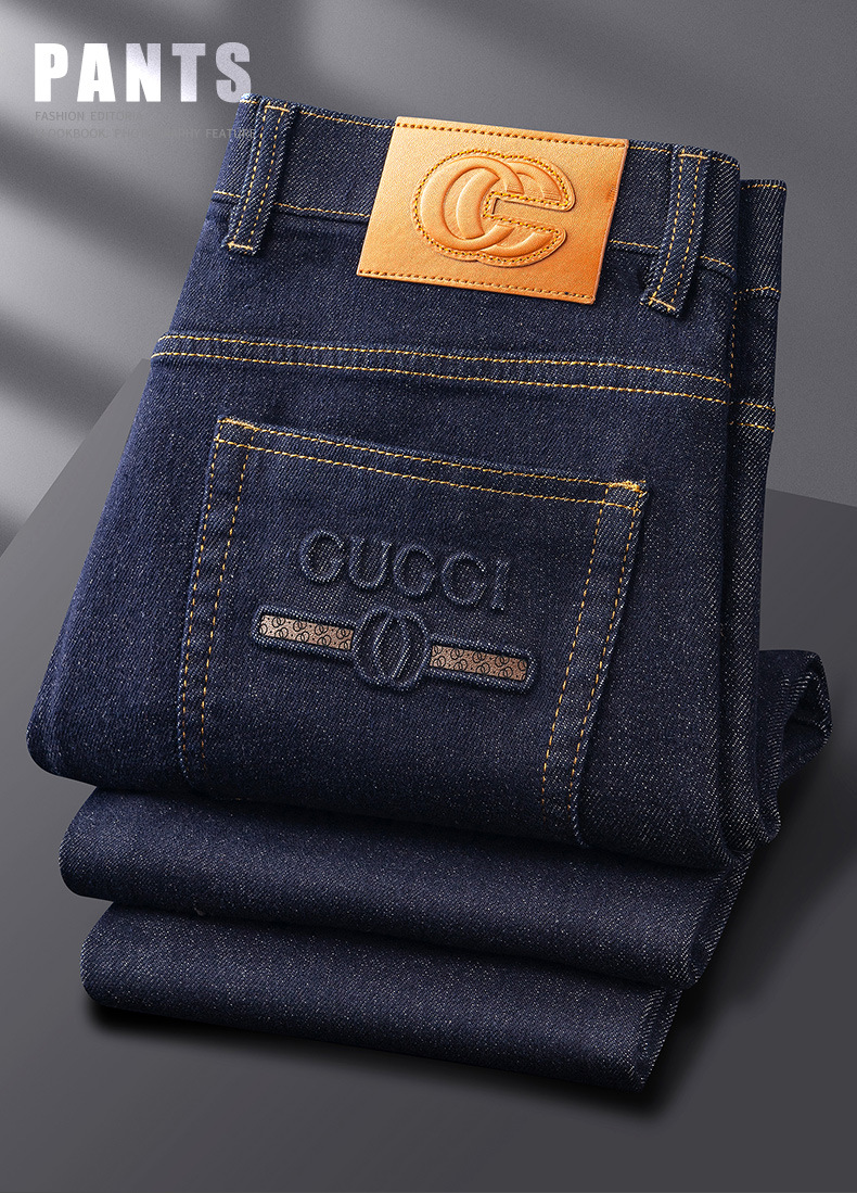 High-end fashion trend brand soft washable blue jeans for men, slim and high-end style, back pocket leather casual pants pic 1