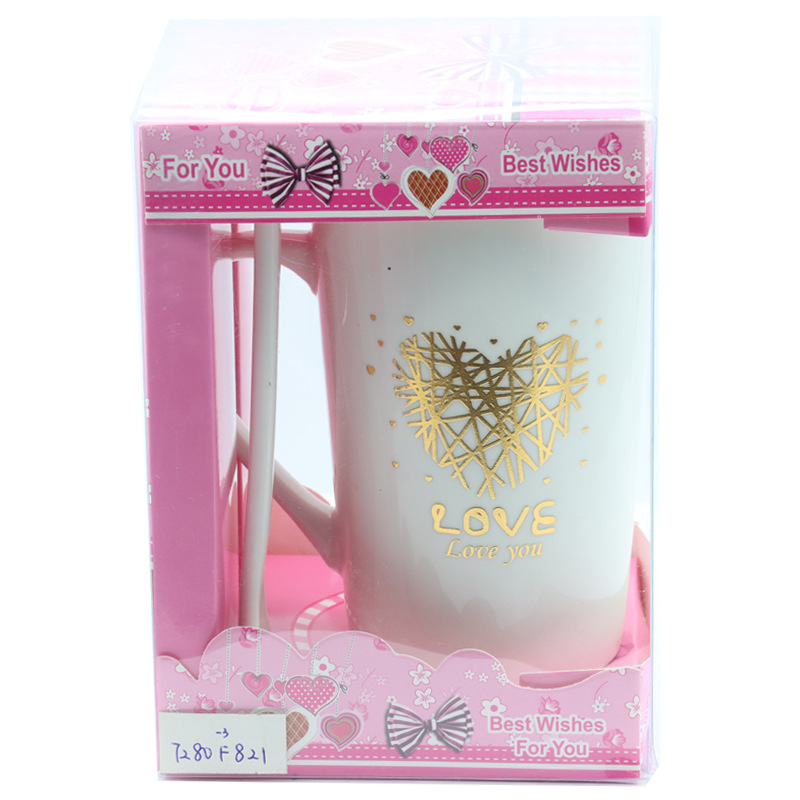 情人节陶瓷杯马克杯白底简约风格镀金心形设计带柄勺套装大容量水杯详情2