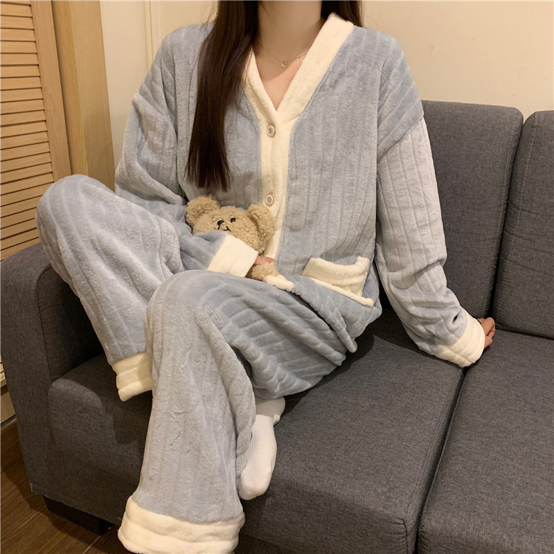 秋冬季女士法兰绒睡衣女冬款长袖加厚加绒可爱女生家居服套装详情42