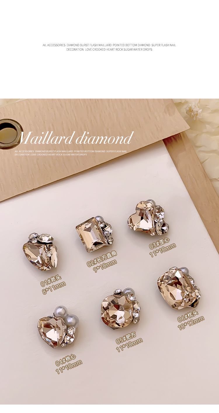 Champagne-colored pile diamond ball nail art accessory finished product, fat square, crooked heart, peach heart, axe pile diamond, super shiny nail decoration diamond pic 8