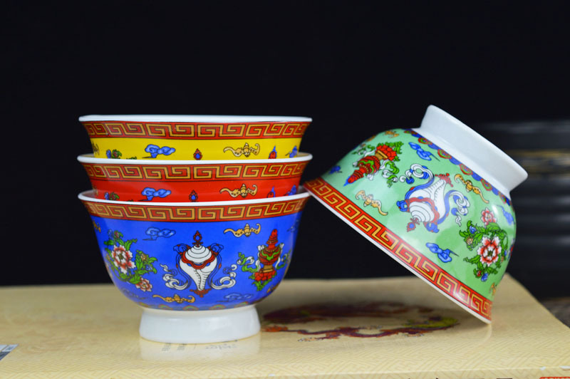 厂家供应3.6寸双龙八吉祥藏式陶瓷碗特色民族碗酥油茶碗 仿古贡碗详情2