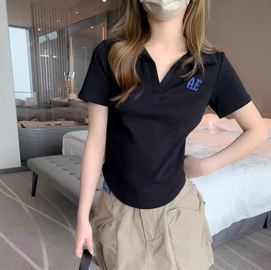 Ader 2023 New lapel short-sleeved summer V-neck slimming and form-fitting polo neck T-shirt, a trendy brand off-the-shoulder base layer for women pic 7