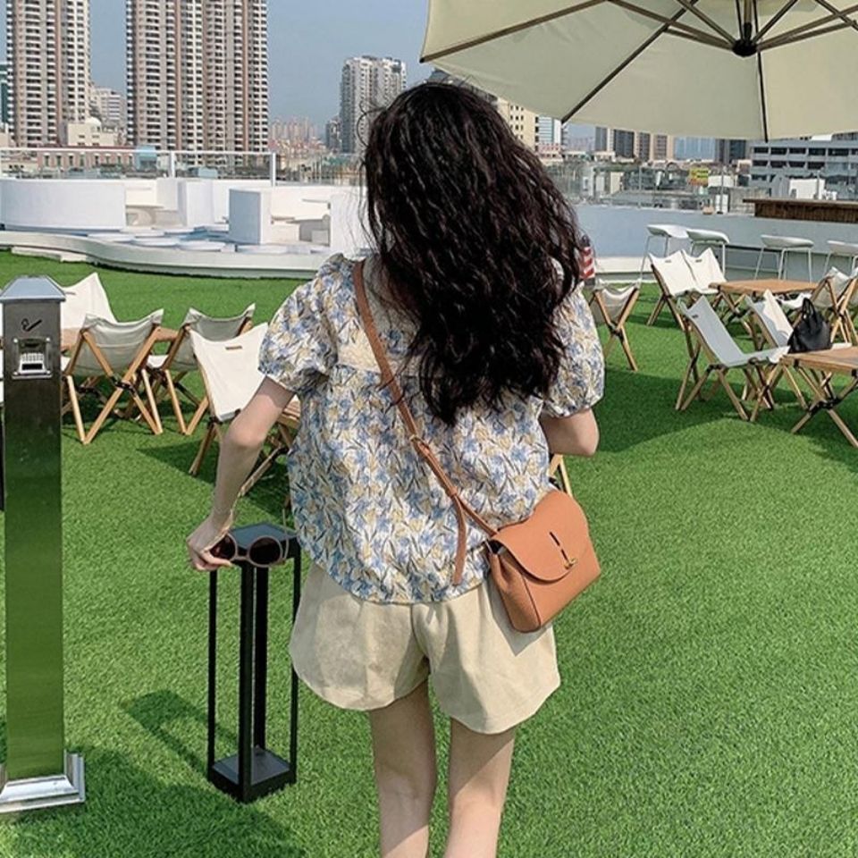 2023夏季韩版宽松雪纺短袖上衣女方领碎花娃娃衫设计感衬衫小个子详情5