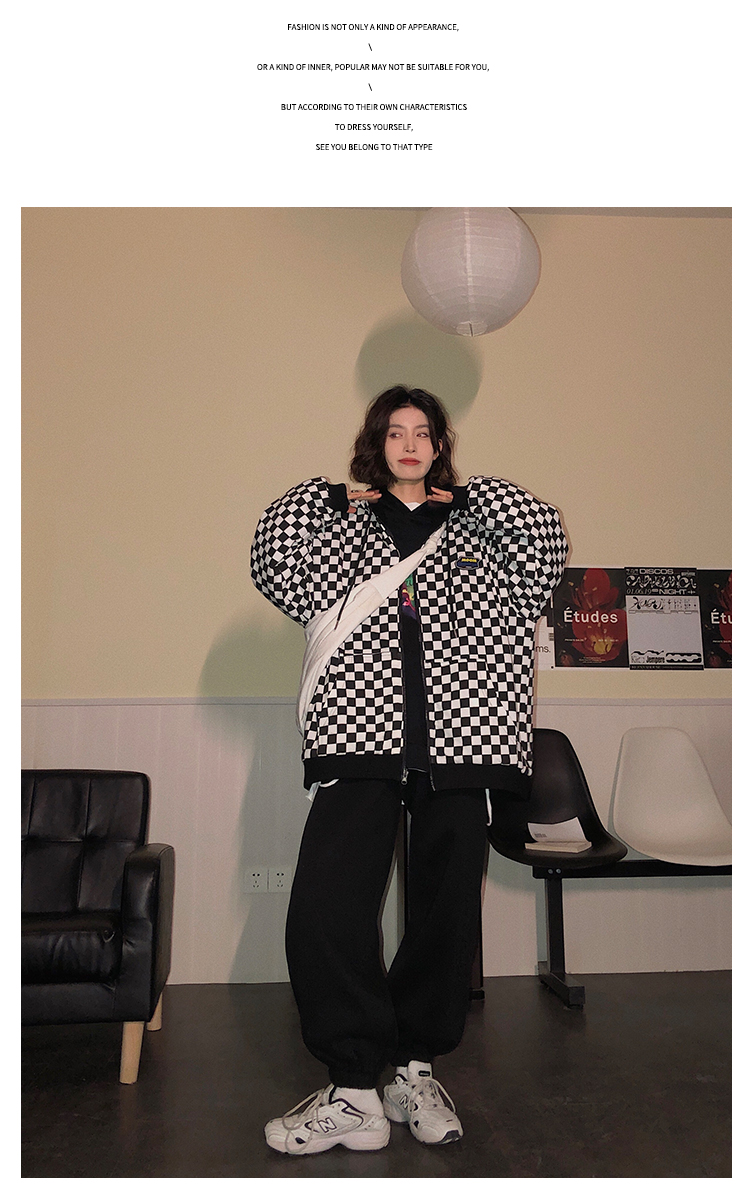 A woman wearing a cardigan with a hood on both sides in a loose pink, niche design with a checkered pattern is particularly stylish pic 16