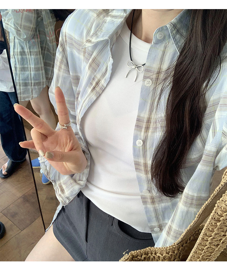 法式设计感小衫蓝色格子防晒衬衫女2024秋季新款女装小清新bm上衣详情20