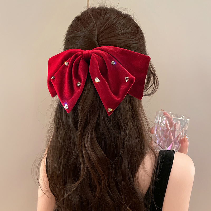Korean elegant velvet double-layer bow spring water back hair clip, stylish top clip water diamond embellished hair clip pic 7