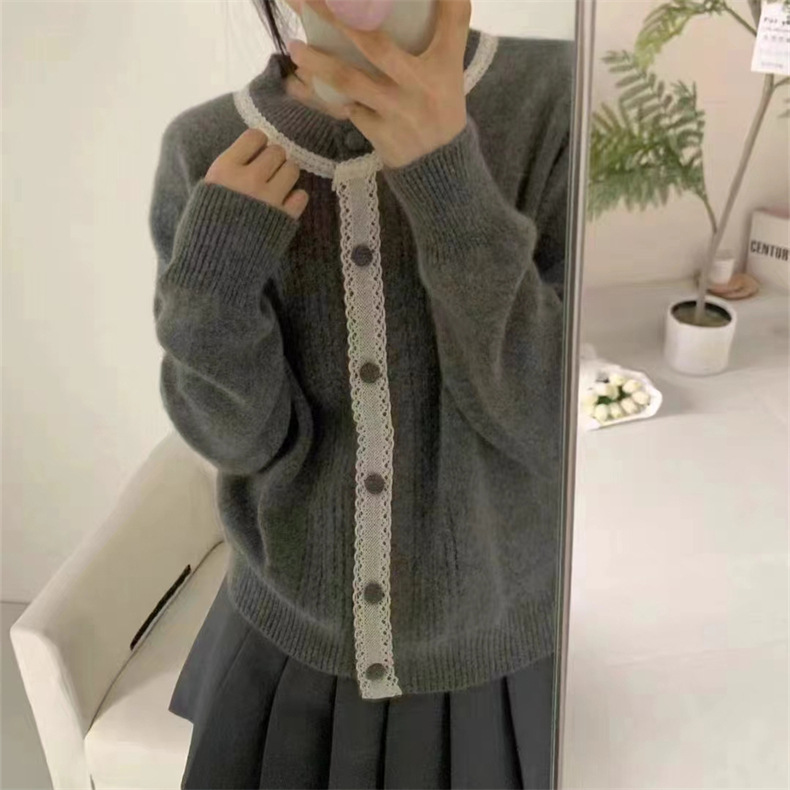 2024秋冬新款韩系针织衫蕾丝拼接复古甜美减龄小香风显瘦毛衣女潮详情8