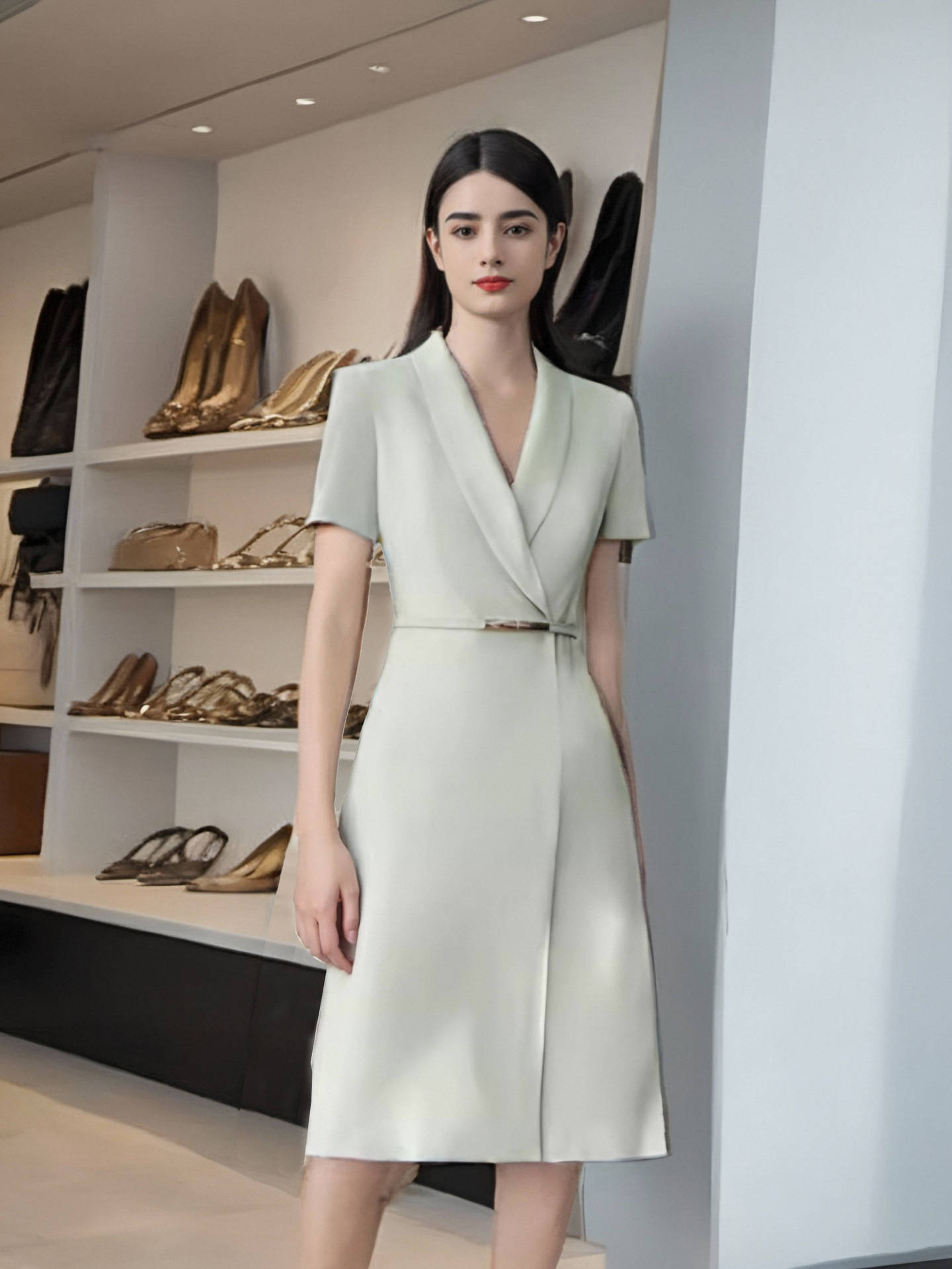 职业装春秋连衣裙女正式场合绿色西装裙气质时尚主持人中长a字裙详情8