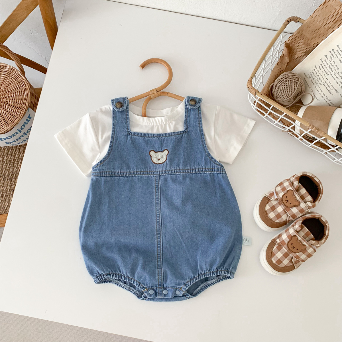 夏季韩国婴儿宝宝牛仔小熊背带哈衣男女小孩童装包屁衣洋气爬爬服详情7