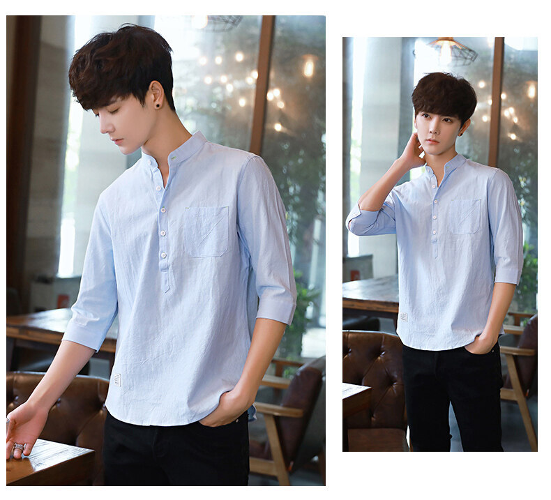 衬衫男士夏季韩版潮流帅气休闲百搭亚麻上衣七分短袖男装白色衬衣详情15