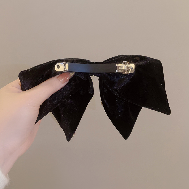 Korean elegant velvet double-layer bow spring water back hair clip, stylish top clip water diamond embellished hair clip pic 19