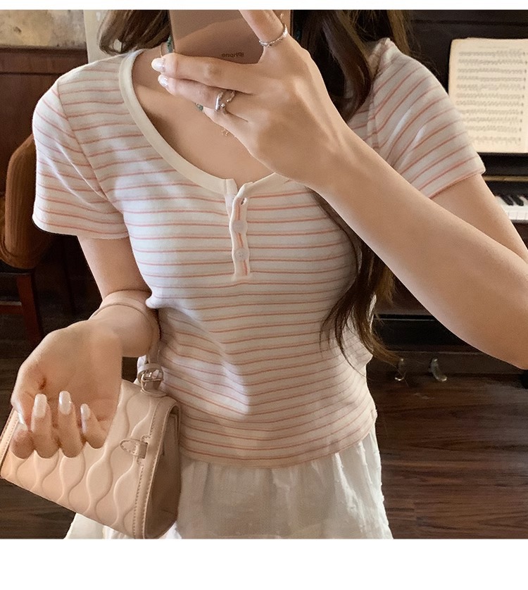蓝白条纹短袖正肩女t恤春夏2025新款chic小众设计感修身短款上衣详情27