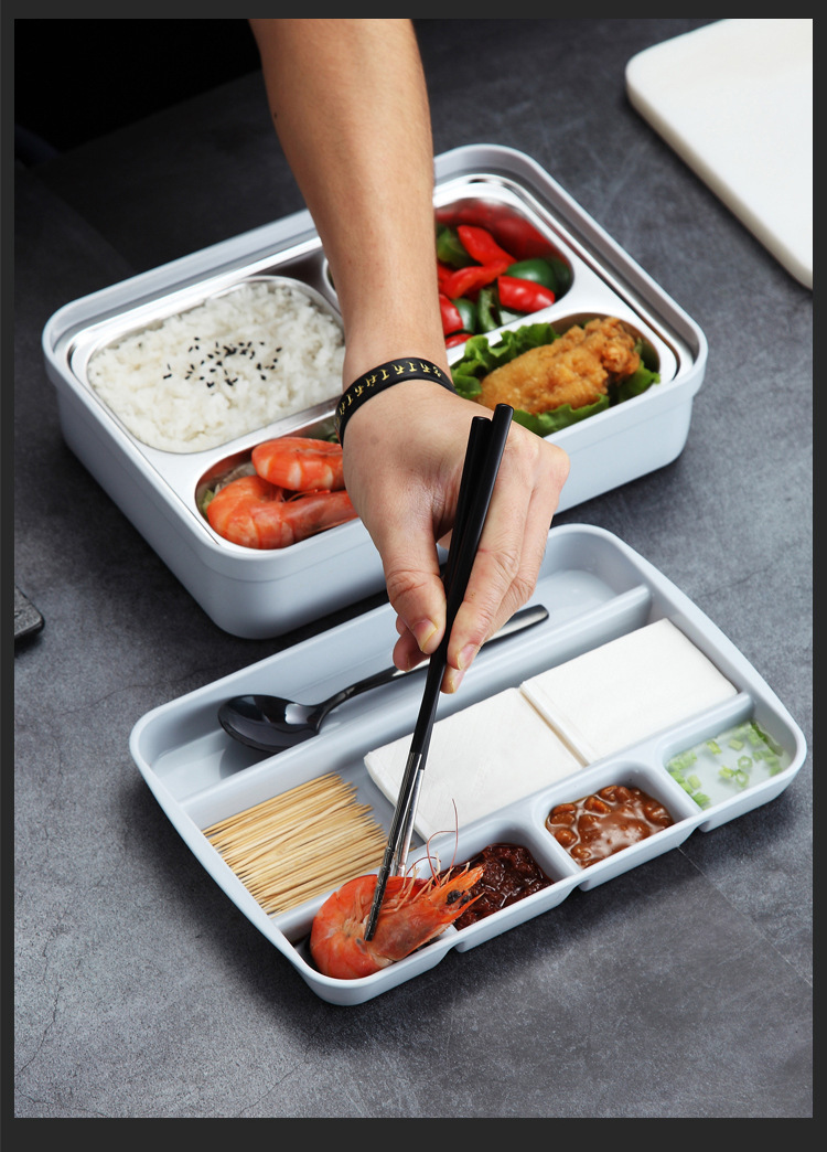 创意304不锈钢分层饭盒 分格保温午餐盒 带餐具格便当盒lunch box详情6