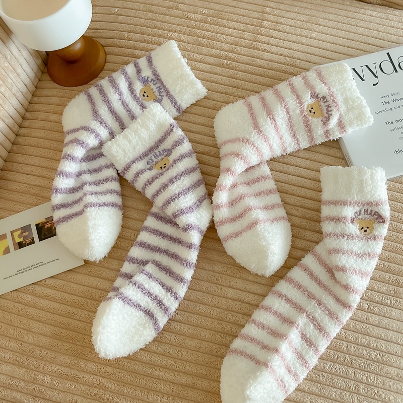 秋冬袜子女中筒睡眠袜韩版纯色珊瑚绒袜子保暖加绒休闲袜详情10