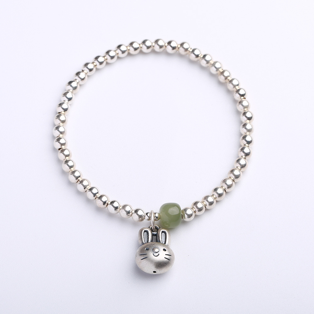 S925 sterling silver gold-plated Qingshui Hetian jade round bead bracelet for women 999 pure silver rabbit zodiac year bracelet pic 16
