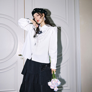 The new long-sleeved white shirt for women in the autumn of 2023, with lace trim and a doll-neck design, is a stylish shirt for women pic 6