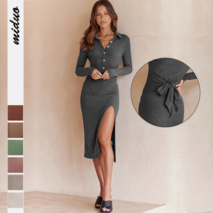 夏季热卖新款优雅时尚欧美女装气质通勤开叉连衣裙法式高级感裙子详情2