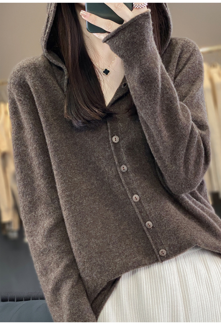 女士连帽100羊毛衫开衫百搭秋冬新款纯色一线成衣潮卫衣针织外套详情21