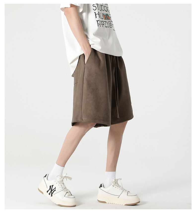 休闲短裤男生夏季新款麂皮绒宽松弹力五分裤美式钢印直筒运动裤子 pic 7