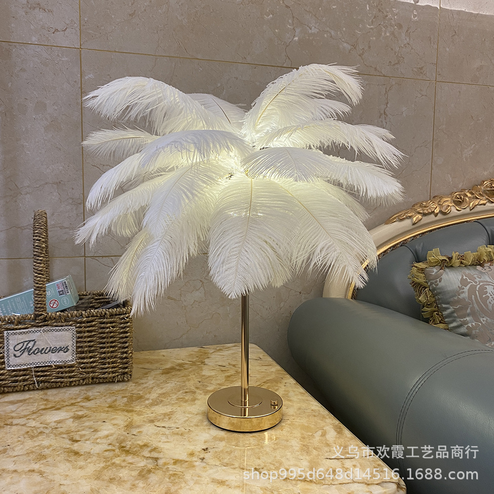 Rechargeable ostrich feather desk lamp, bedroom bedside lamp, creative Nordic light luxury romantic night lamp, warm decorative desk lamp pic 13