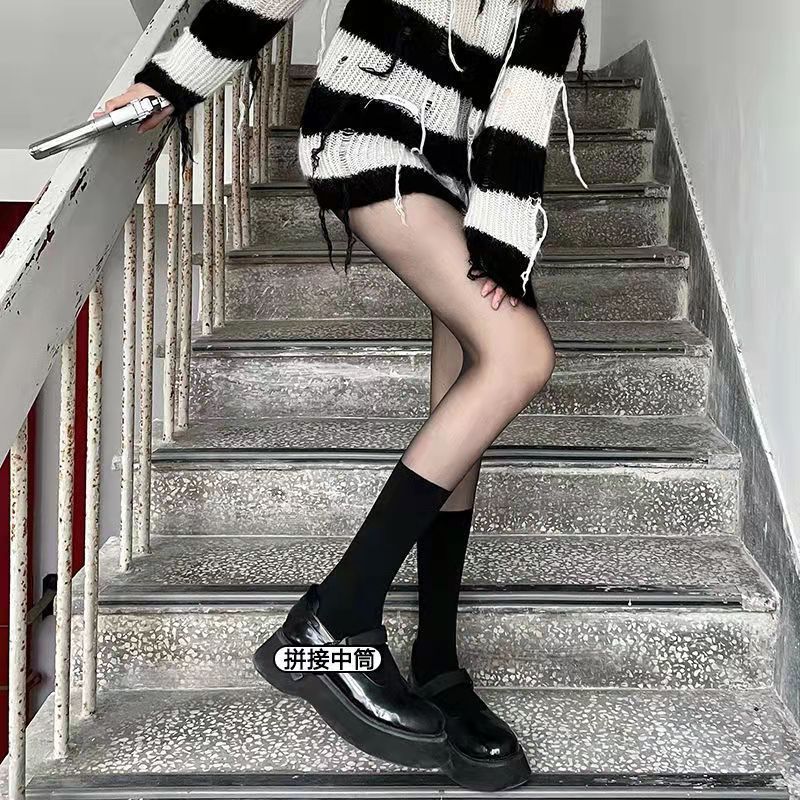春夏女薄款拼接黑丝辣妹光腿打底神器日系jk假小腿过膝性感连裤袜详情17