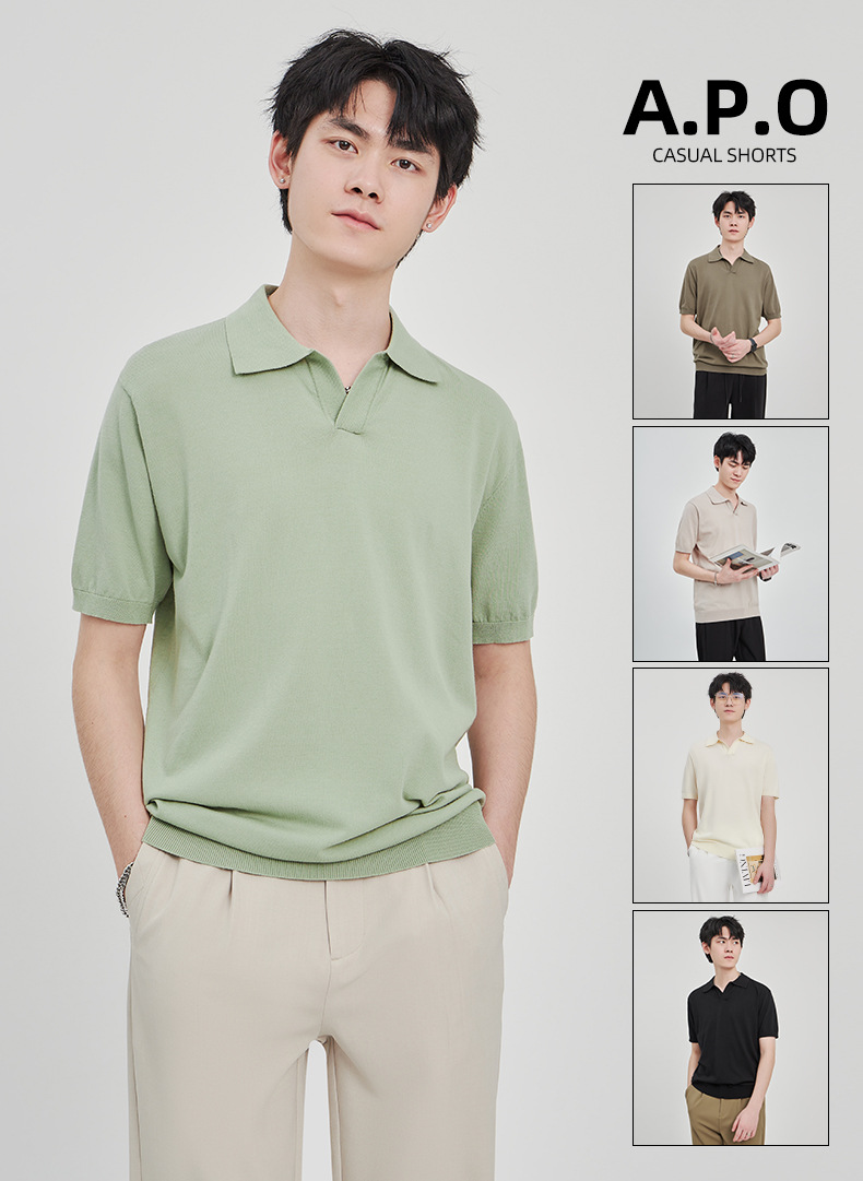 APO男装|简约针织短袖t恤男士2024夏季新款纯色设计垂感POLO衫男详情1