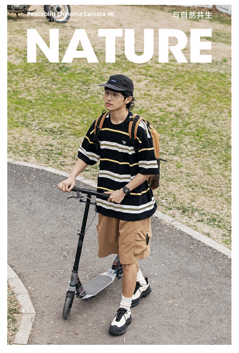 韩路男装 复古短袖T恤男夏季新款日系情侣字母刺绣撞色条纹体恤衫详情6