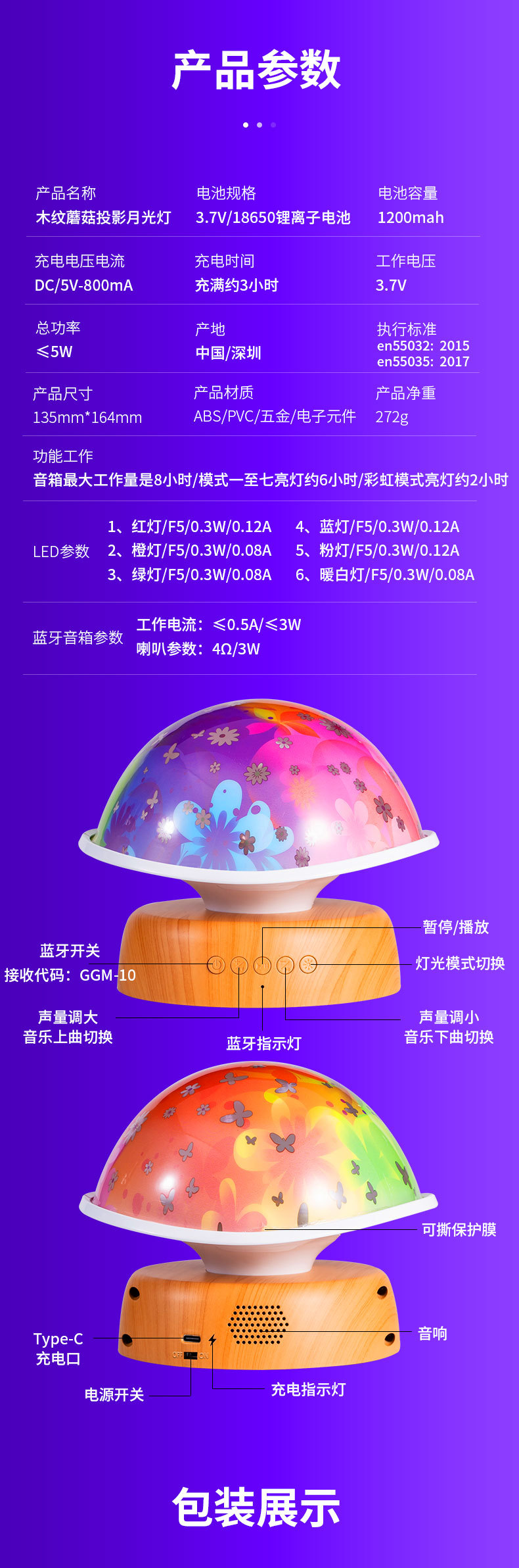 木纹蘑菇投影月光灯蓝牙音箱灯七彩氛围灯摆件桌面幻彩创意生日礼物跨境女生详情12