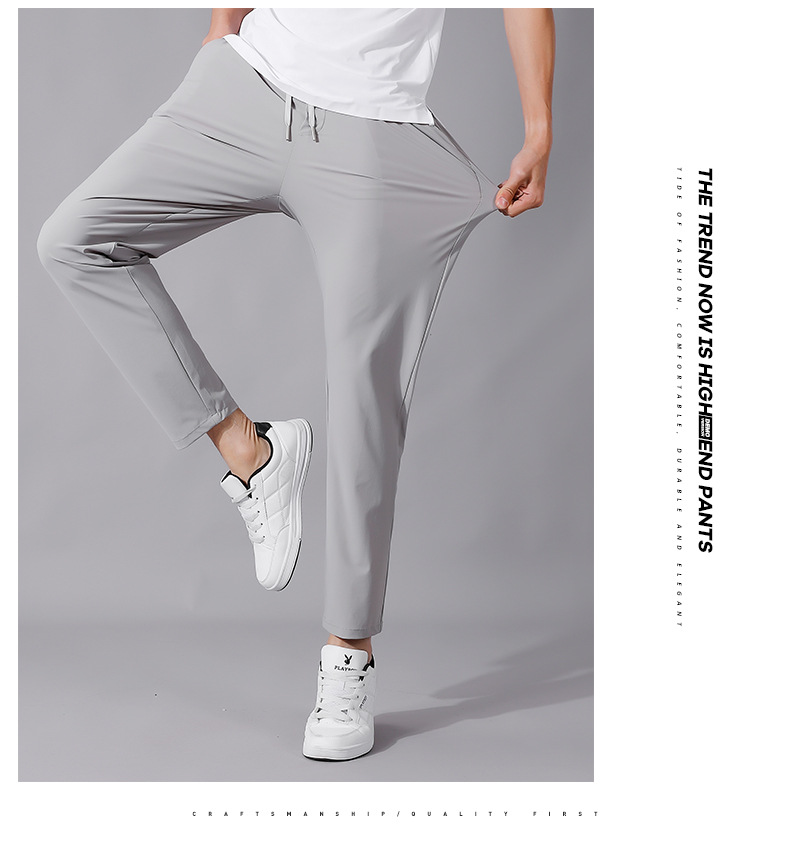 High-end ice silk casual dress pants for men, summer lightweight, breathable, drawstring, non-ironing straight-leg stretch business casual pants pic 20