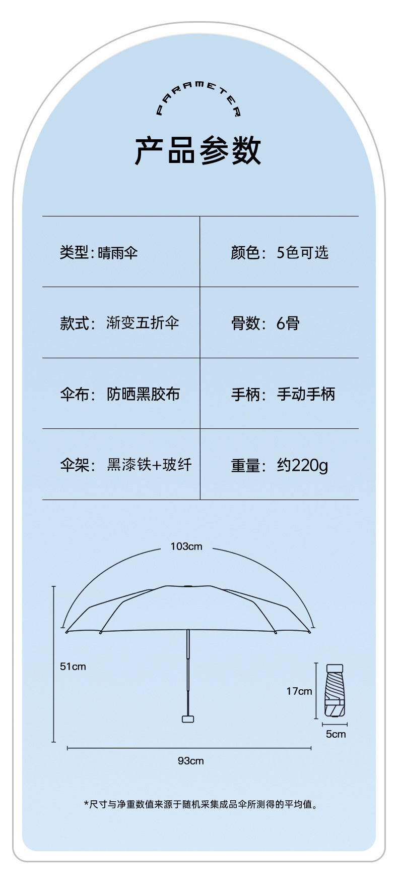 渐变色五折伞黑胶防晒防紫外线遮阳伞学生女小清新便携小巧胶囊伞详情19